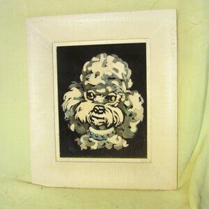VTG HAND PAINTED POODLE ON BLACK VELVET BACKGROUND